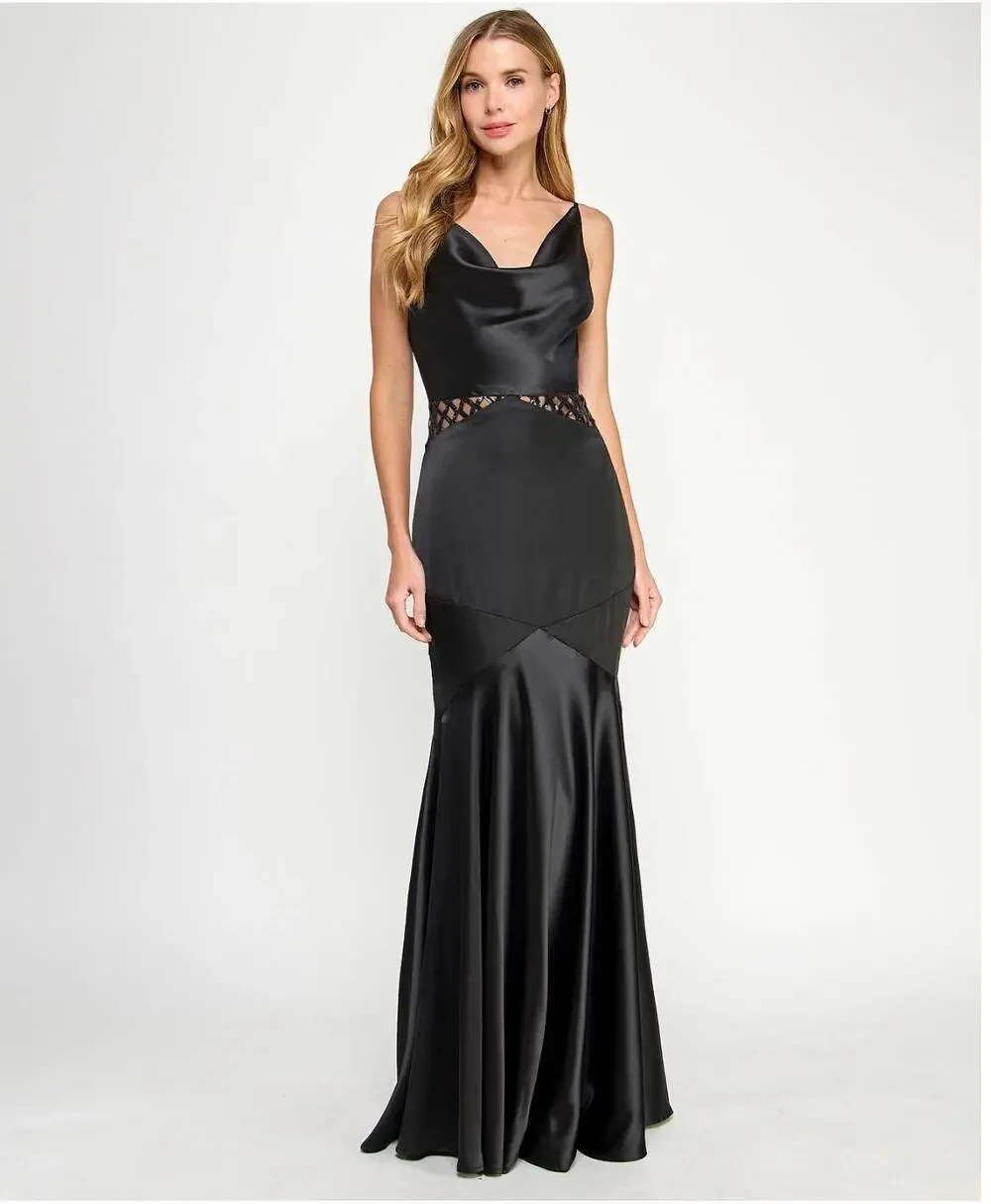 New Seni & Cade Juniors' Satin Cowlneck Cutout Gown S black - Picture 1 of 6
